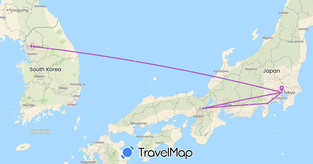 TravelMap itinerary: train in Japan, South Korea (Asia)